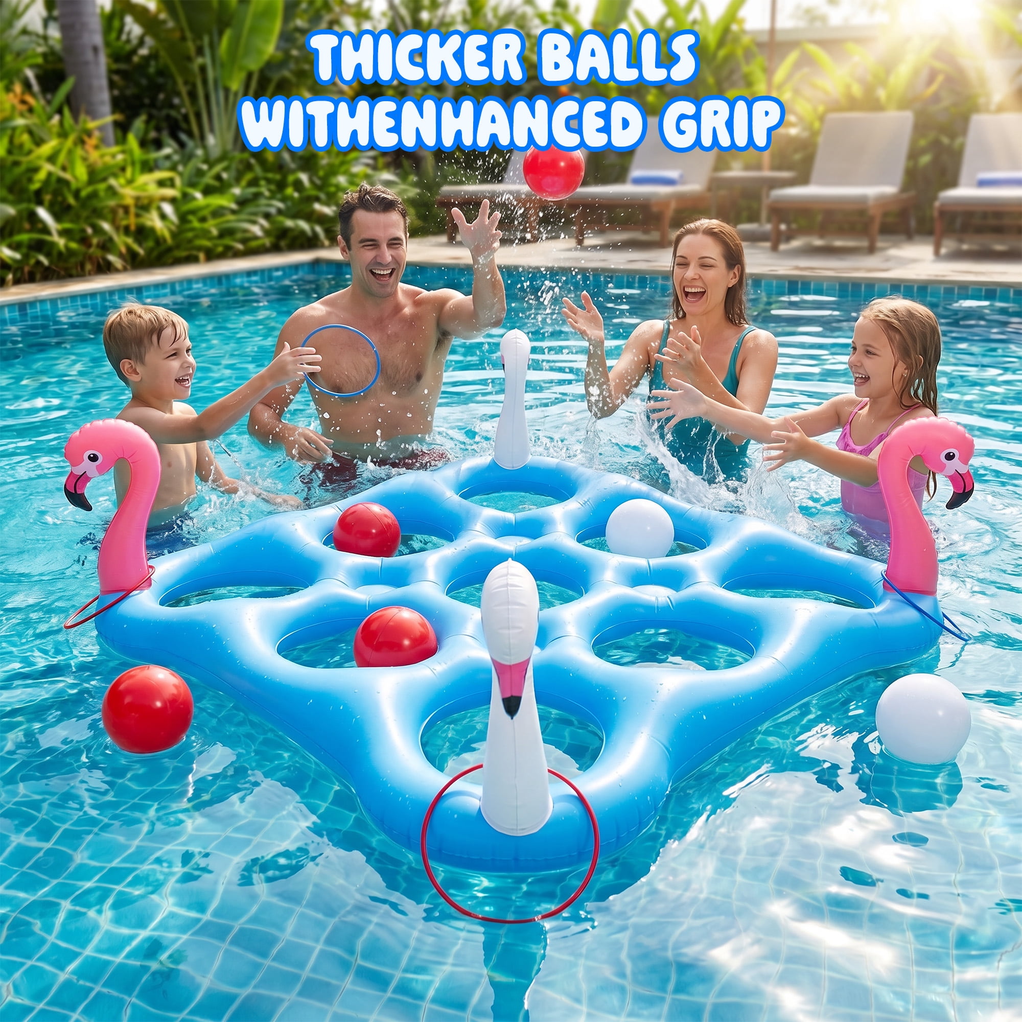 Vecukty 55.2in x 55.2in Flamingo Inflatable Pool Float Tic-Tac-Toe Game Set with 10 Balls & 4 Rings for Pool Beach Party Water Games, Unisex