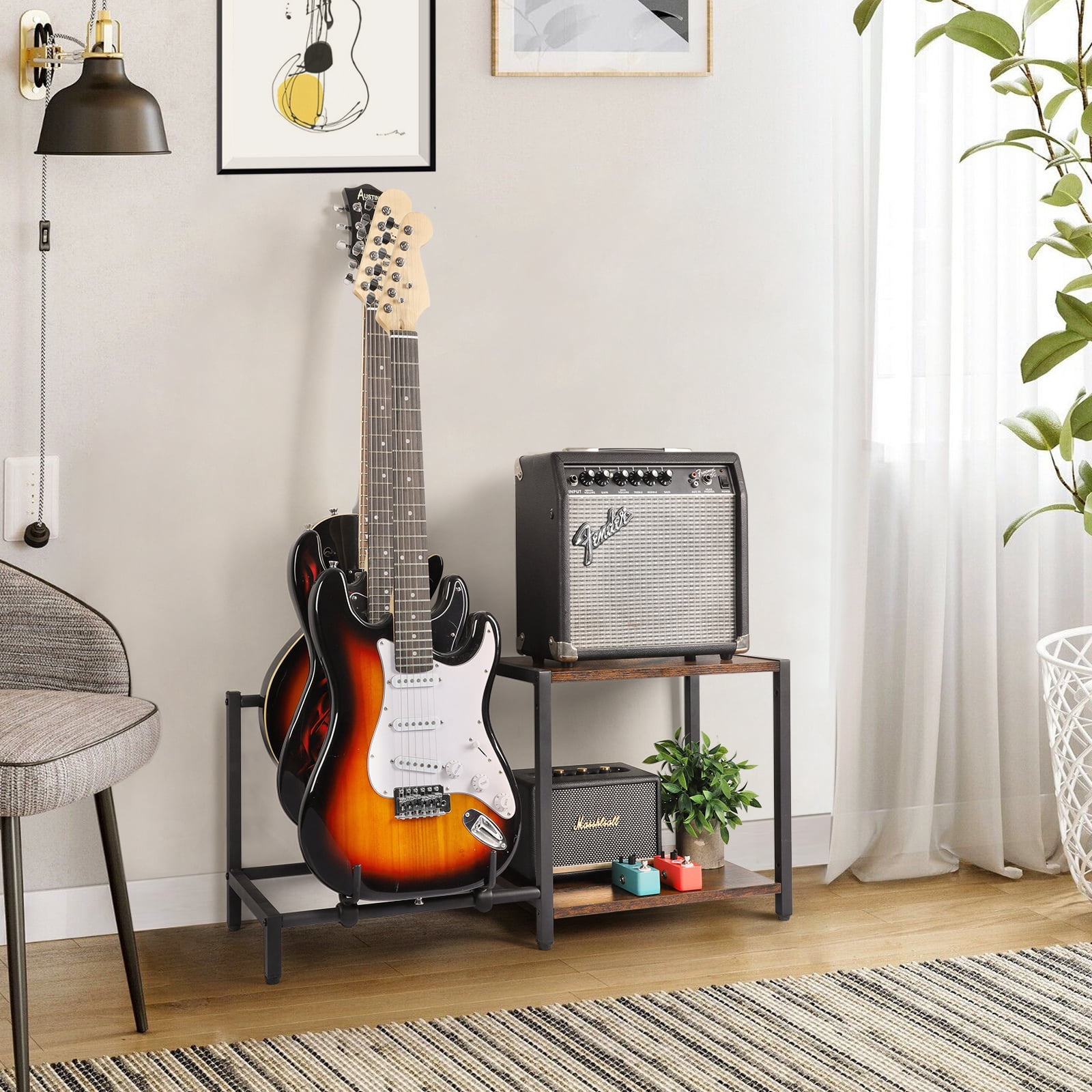 Olakee 3-Piece Floor Guitar Stand with Amp Support, Adjustable for Multiple Electric Guitars and Accessories, Wood & Metal, Black & Brown