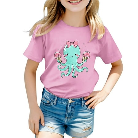 Glisme Girls Tops Size 10-11 Years Cute Graphic Tee Kids Short Sleeve Cartoon Print T-Shirts Athletic Fit Pink Tee