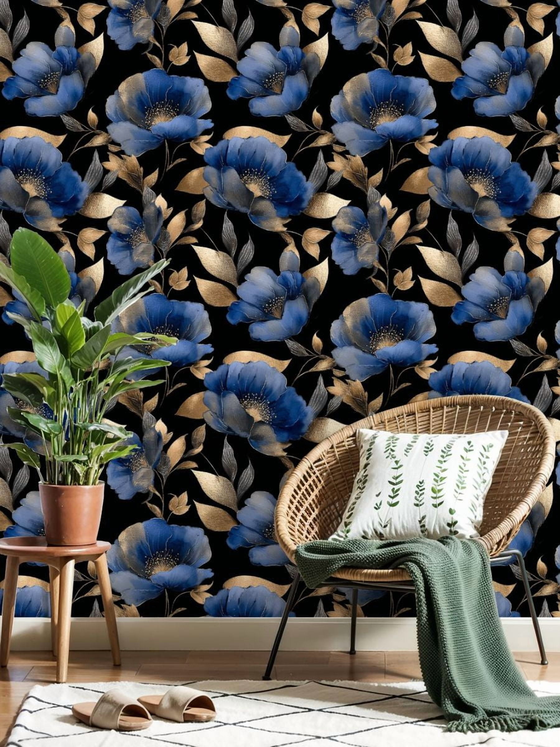 Peel and Stick Wallpaper 23.6in x 9.8ft Elegant Blue Gold Floral Black Contact Paper Vinyl Self-Adhesive Removable Wall Paper for Bedroom DIY Home Decor Renter Friendly