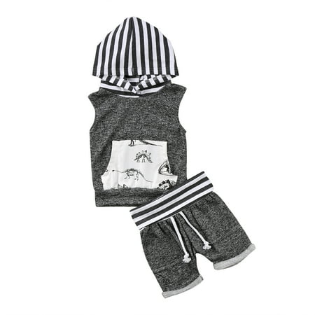 

Musuos Baby Boys 2 Pieces Outfit Sleeveless Striped Hooded Patchwork Animal Print Tops and Shorts Set