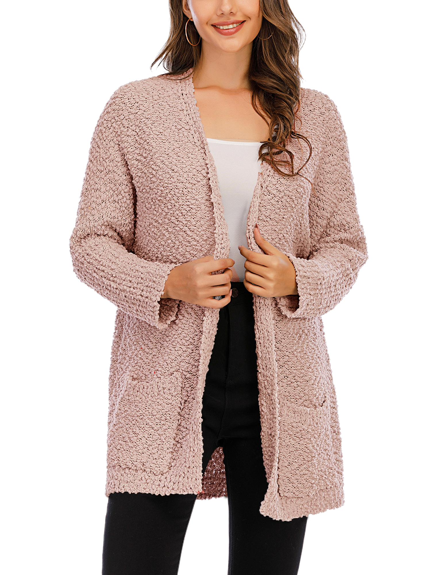 Womens Leopard Long Cardigan Fuzzy Chunky Knit Sweater Casual Pocket Tops Warm Fall Winter Coat