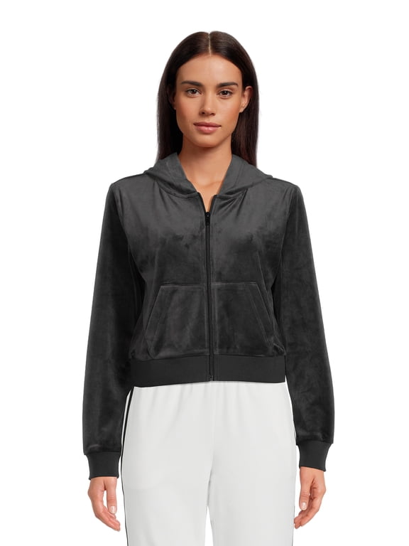 Womens Velour Long Sleeve Cropped Athleisure Full Zip Hoodie, Sizes XS-3XL