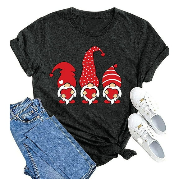 Baqcunre Valentine's Day Shirts for Women Gnome Print Round Neck Short Sleeve T Shirt Top (Black S-3XL), Womens Tops Graphic Tees for Women Shirts for Women, Womens Tops