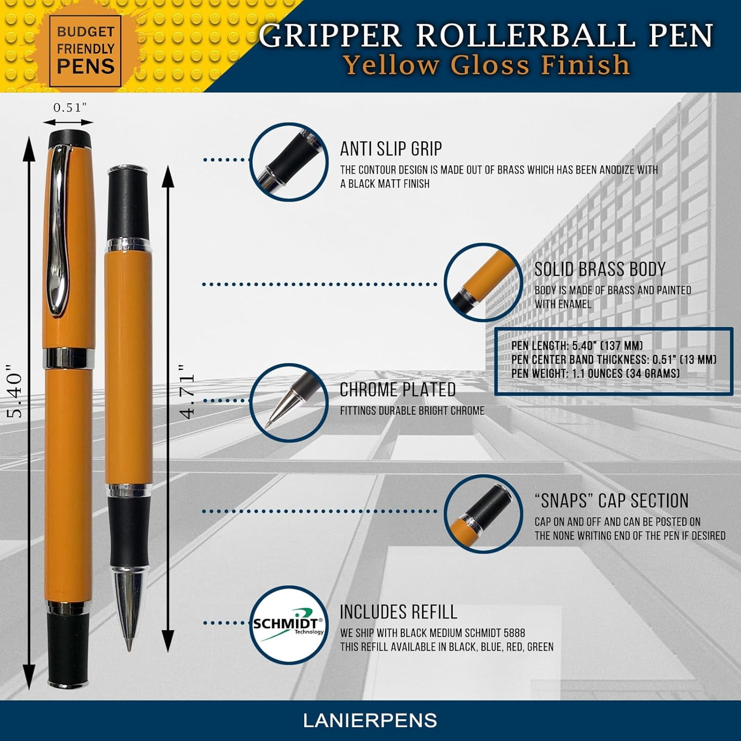 Gripper Rollerball Pen - Yellow Gloss with Anti Slip Grip (Budget Friendly Pen)