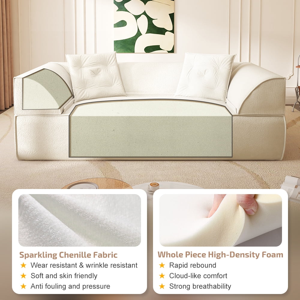 Avobird 3 in 1 Convertible Sofa Bed, 79.5" Modern Deep Seat Couch with 2 Pillows, Sparkling Chenille Fabric Sofa,Chaise Lounge for Living Room/Office, Beige