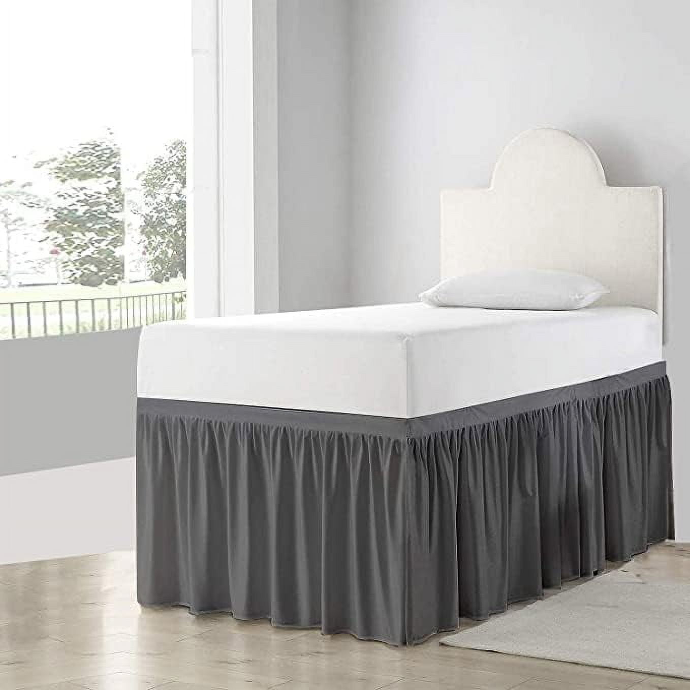 College Dorm Bedskirt, 42 Inch Drop 100% Microfiber Lightweight Ruffled, Twin-XL Size (39" x 80") Elastic Bed Skirt - Dark Gray Solid