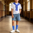 thumbnail image 2 of Boys 4 Pieces Back To School Outfit Round Neck Solid Short Sleeve Tee and Pockets Denim Shorts and Shawl and Knee High Socks Performance Outfits Casual Clothes Set 3-16 Years, 2 of 9