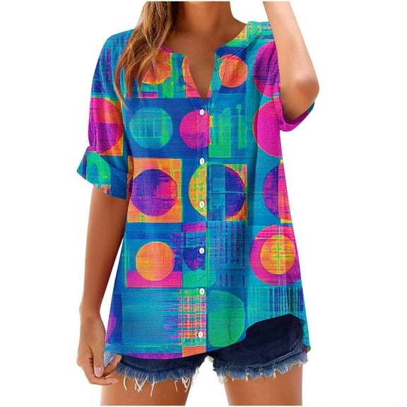 Women's Button Down V Neck Tops Colorblock Graphic Short Sleeve Shirts for Women Loose Fit Casual Summer Blouses (XL, Blue 03)