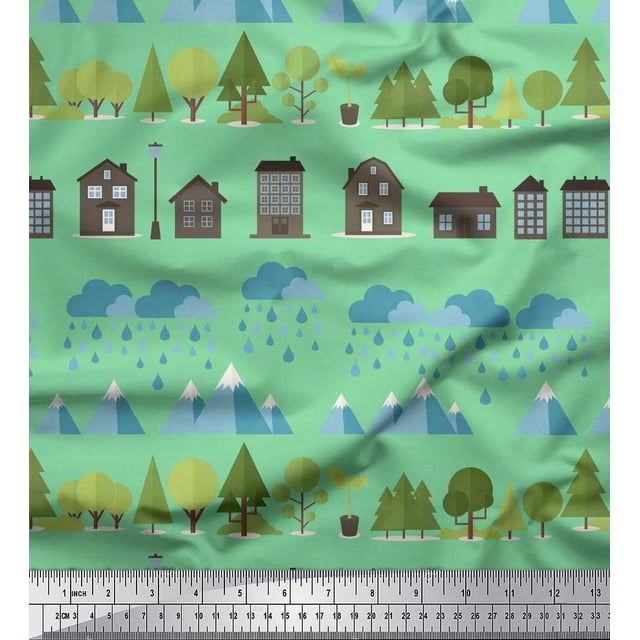 Soimoi Polyester Crepe Fabric Tree,House & Raindrop Nature Print Fabric by The Yard 52 Inch Wide