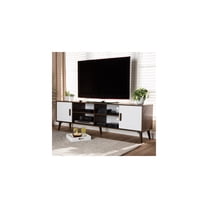 2-Door TV Stand - White & Walnut Wood Media Console - Storage Shelves & Cord Management