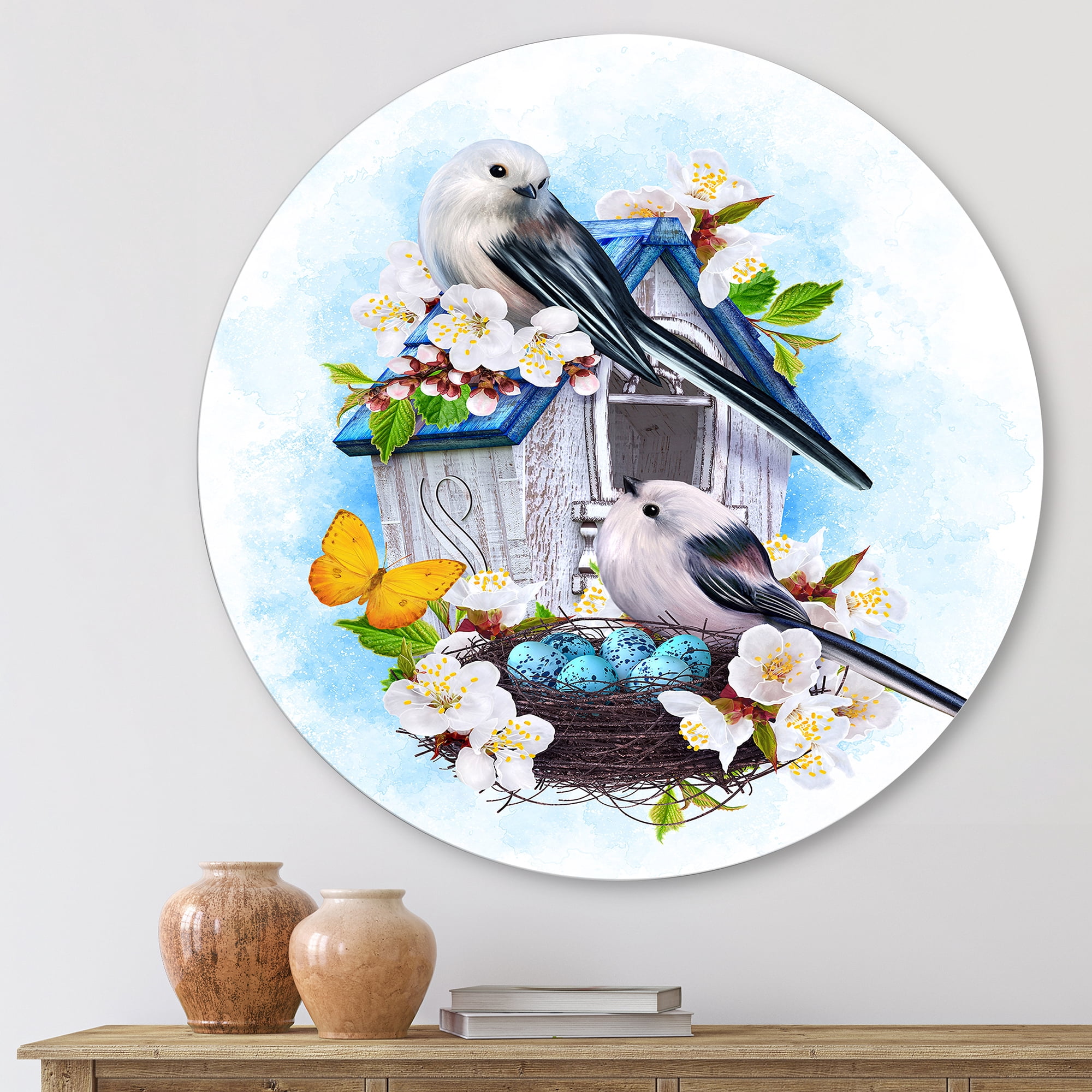 Designart 'Two Tit Birds Sitting Near The Nest With Eggs and White Flowers II' Traditional Circle Metal Wall Art 23x23 - Disc of 23