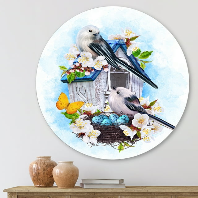 Designart - Two Tit Birds Sitting Near The Nest With Eggs II - Traditional Metal Circle Wall Art