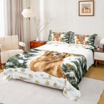 Homewish Cartoon Puppy Dog Twin Sheet Sets,Winter Pine Tree Twin Fitted Sheet,Gold Xmas Tree Flat Sheet For Boys Kids,Breathable Home Decor,3 Pieces