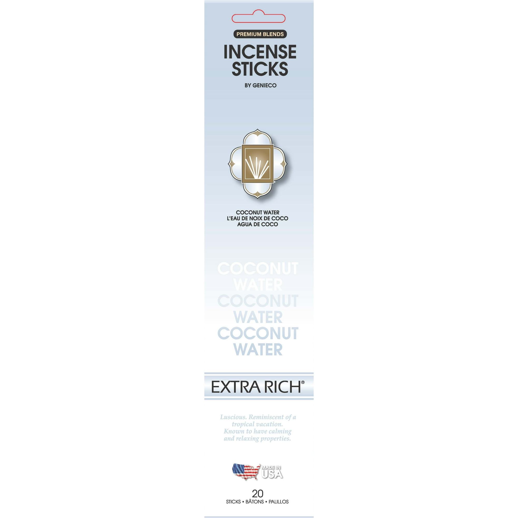 Genieco Extra Rich Incense Sticks, Coconut Water Fragrance (Light Blue), 20 Count Fruity Scent Family