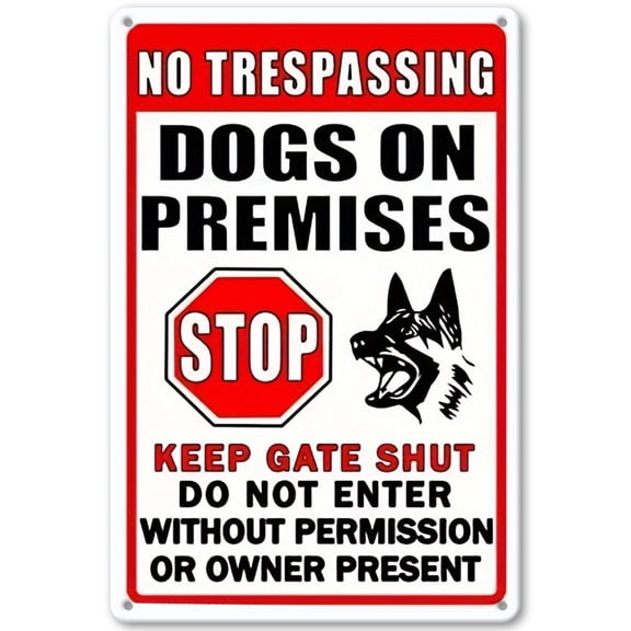 "No Trespassing Dogs on Premises Keep Gate Shut" Metal Sign, Aluminum Guard Dog Warning Plaque, 8x12 Inch Outdoor Security Notice Sign for Gate, Yard