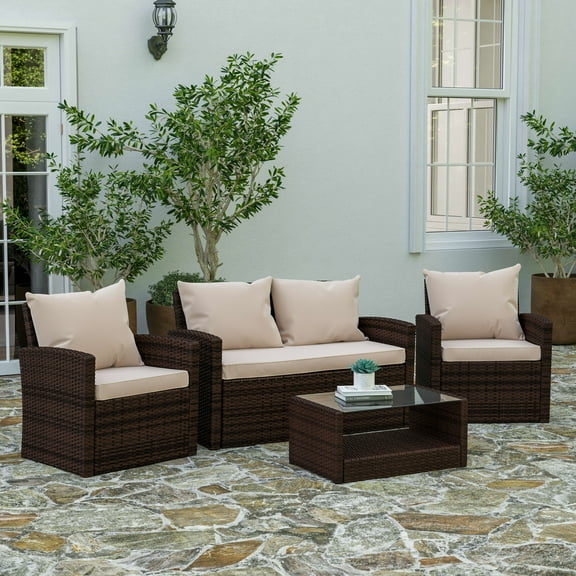 Merrick Lane 4 Piece Patio Set Contemporary Brown Loveseat, 2 Chair and Coffee Table Set with Beige Back Pillows and Seat Cushions