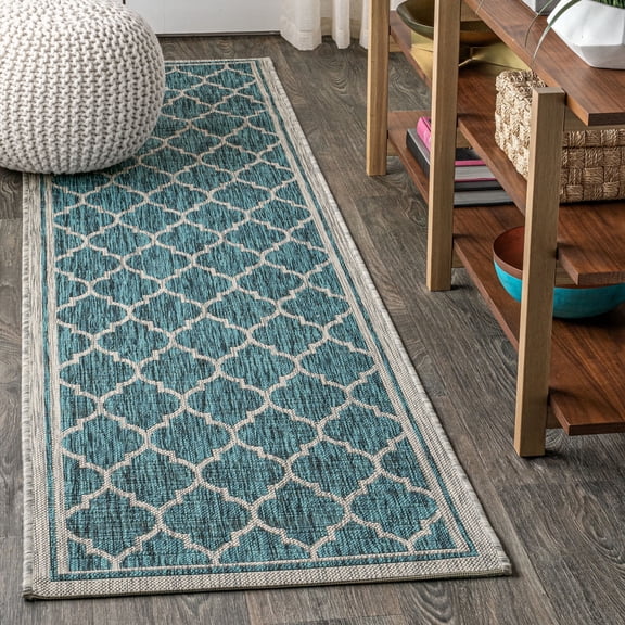 JONATHAN Y SANTA MONICA 2 x 8 Runner Rug, Trebol Moroccan Trellis Textured Weave - Teal/Gray, SMB109E-28