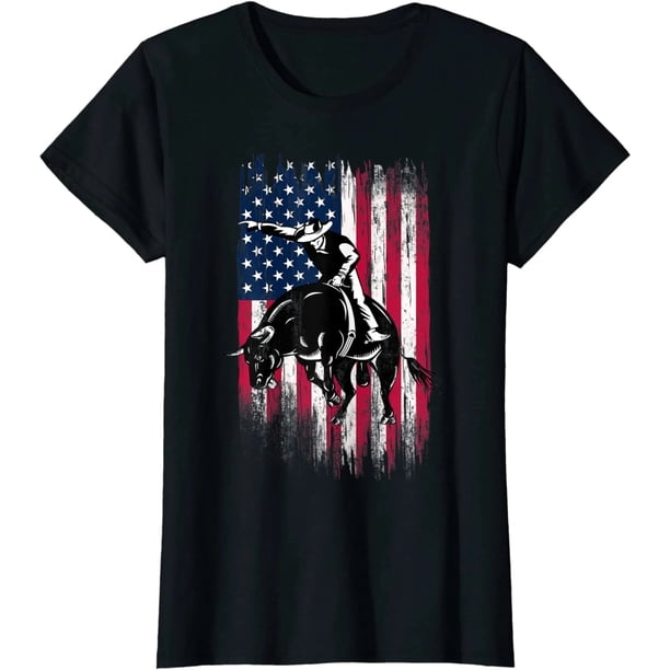 Playera de Mujer para Vaquero de Toros con Bandera Americana Patriótica Talla X-Large Negra