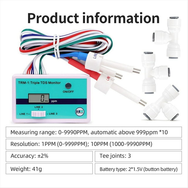 TRM1 Medidor Triple TDS Probador de Calidad del Agua TDS en Línea 0-9990PPM Pantalla LCD Probador de Pureza de la Calidad del Agua