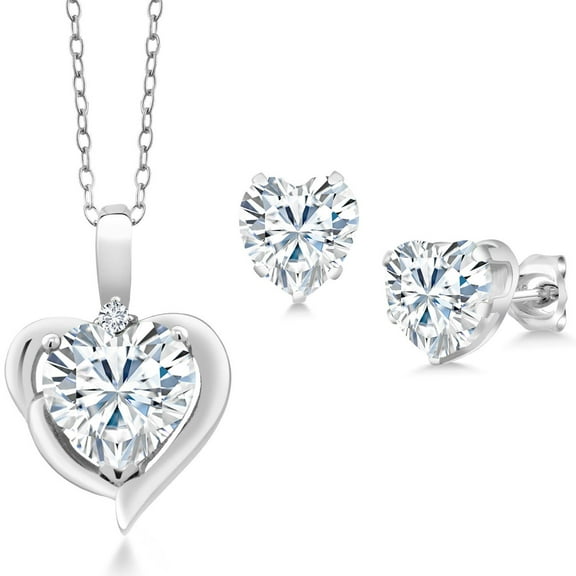 Gem Stone King 925 Sterling Silver White Moissanite and White Lab Grown Diamond Pendant Necklace Earrings Set for Women (3.42 Cttw, Heart Shape 8MM and 6MM, with 18 inch Chain)