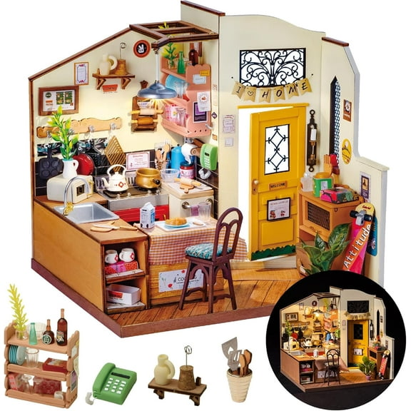 ROBOTIME Cozy Kitchen DIY Miniature House Kit,Mini Wooden Dollhouse Craft Kits for Home Decor,Tiny House Building Kits Gifts for Teens Adults
