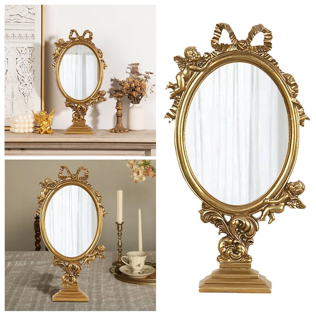 1pc Dressing Table Mi Rror Golden Table Mi Rror Home Mi Rror De Cor Mi Rrors Makeup Tray Resin Pa Lace Retro Little Angel Makeup Mi Rror Carved Vanity Mi Rror Ornament for Christmas Trees Elegant