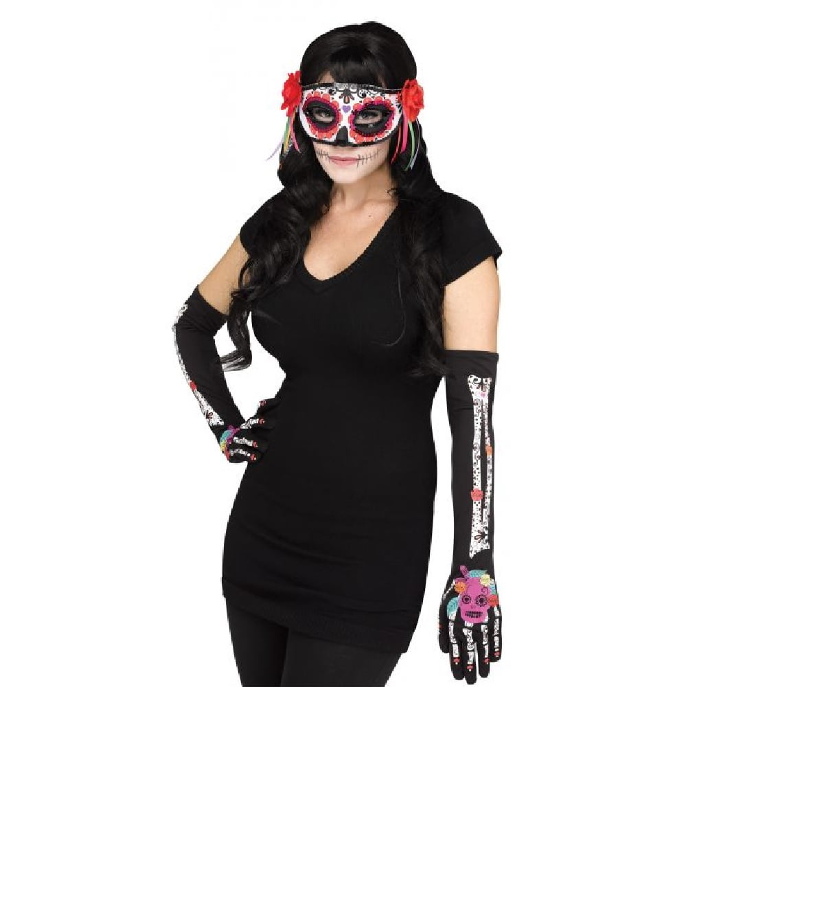 Womens Day Of The Dead Dia De Los Muertos Mask And Gloves Costume Accessory Set 