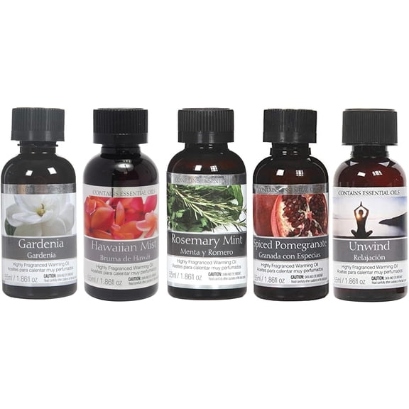 Hosley Set of 5 Assorted Fragrance Warming Oils 55 Milliliter-Gardenia, Rosemary Mint, Hawaiian Mist, Unwind, Spiced Pomegranate. Ideal for spa Meditation Bathroom Settings O4
