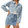 thumbnail image 2 of XMHJSMD Women Denim Tops Long Sleeve Cropped Jean Jacket Distressed Ripped Casual Jean Jacket(Blue,L), 2 of 7