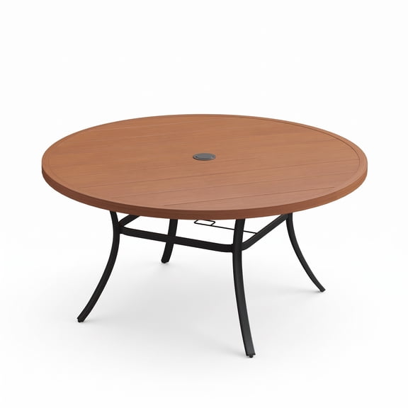 VOXBIN 63" Outdoor Round Patio Table with Umbrella Hole, All Weather Metal Table for Lawn Walnut