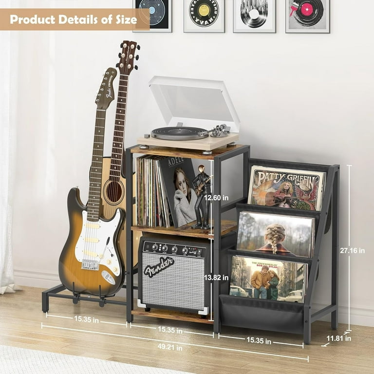 3-Tier Record Player Stand With Guitar Holder & Amp Shelf - All-in-One Storage For Vinyl & Guitars