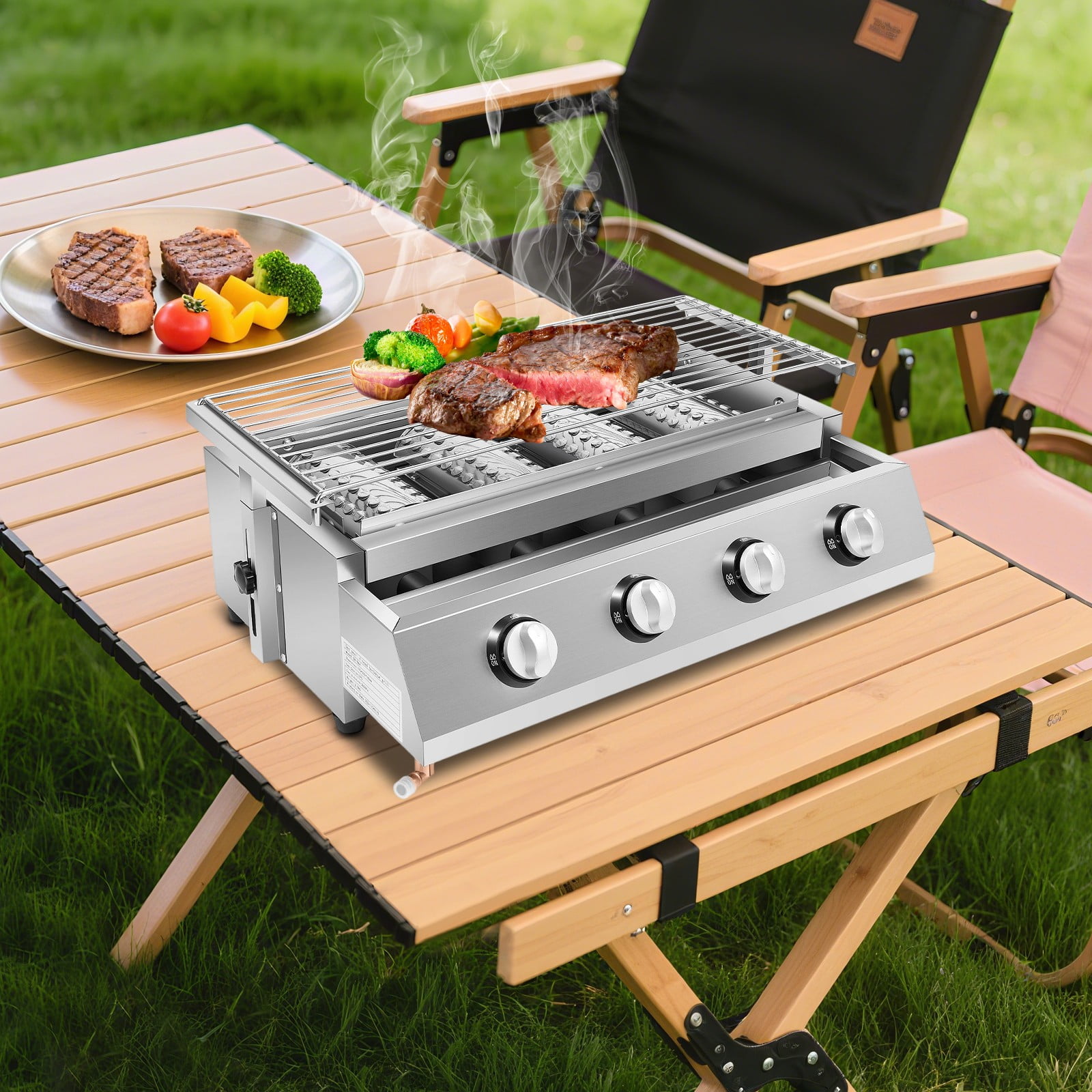 22.4*15.4*6.9 Freestanding Silver Stainless Steel Commercial Gas BBQ Grill With Steel Grilling Mesh 4 Burners