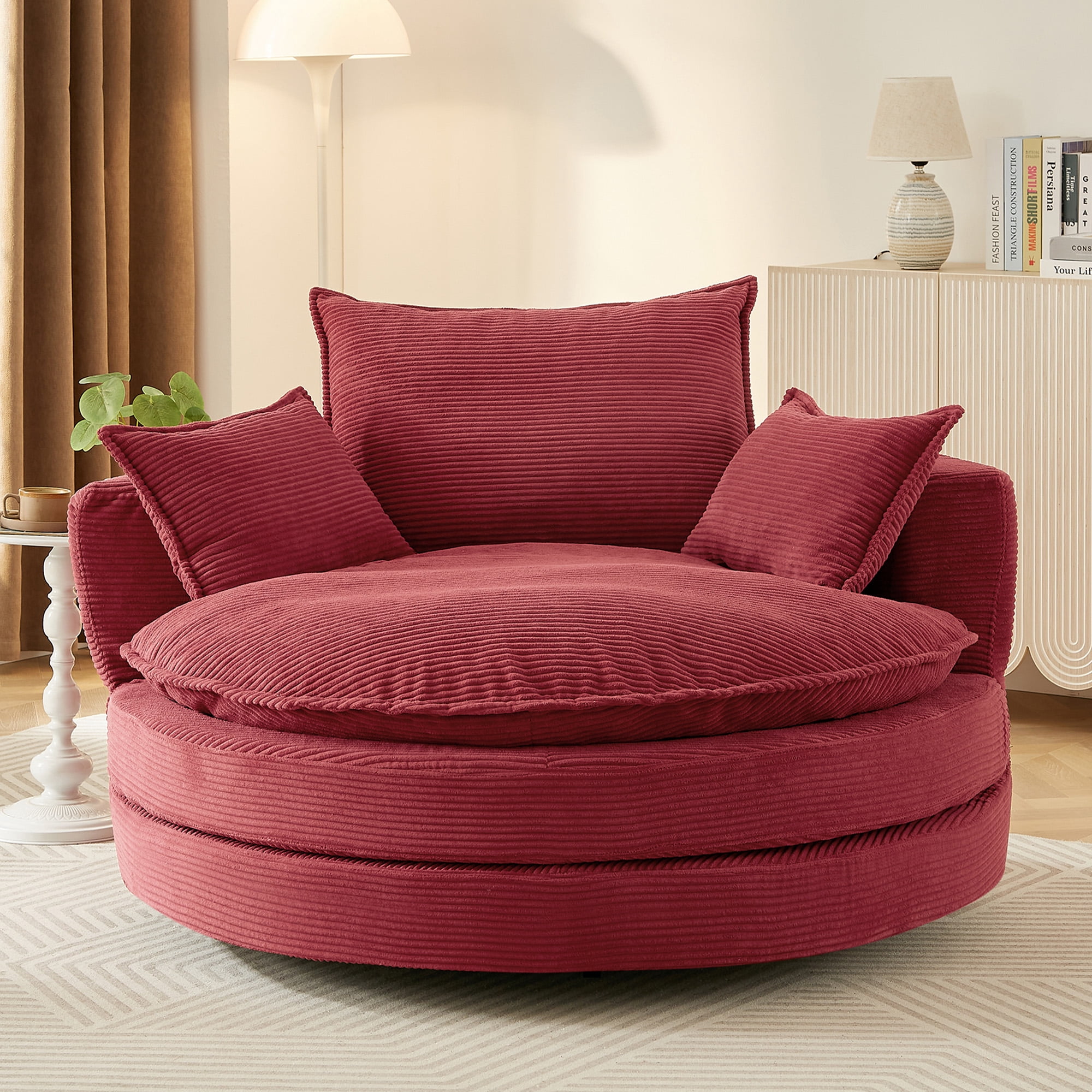 Euroco Oversized Round Swivel Chair with Corduroy Upholstery and Deep Seat, 360° Rotation Lounge Chair with Pillows for Living Room or Bedroom – 57.5" W x 56.5" D x 35.25" H