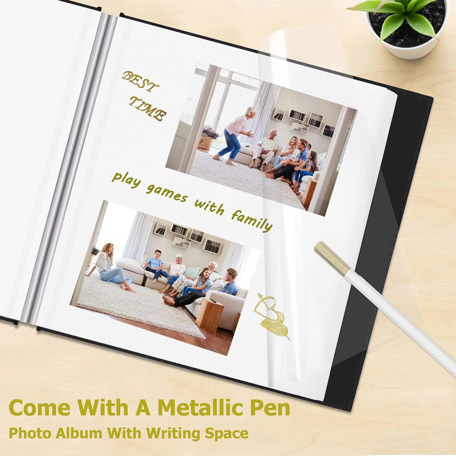 Bevtee Photo Album Self Adhesive 4x6 8x10 DIY Picture Scrapbook, 60 Pages Linen Cover with Display Window, with Pen, for Moms, Families, Babies, and Weddings, Black