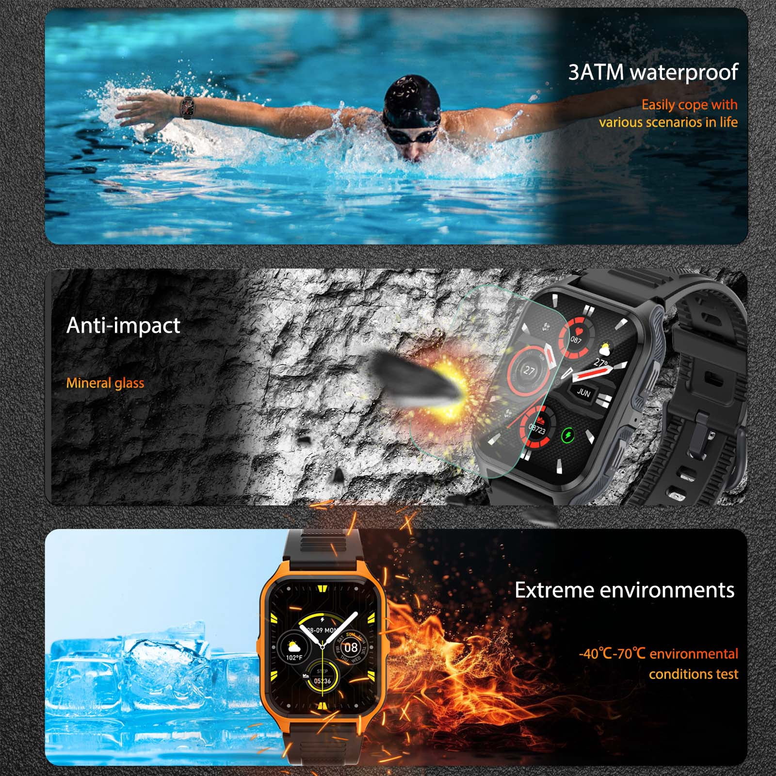 PAKRYS Smartwatches For Men, 3ATM Waterproof 100+ Sport Modes Outdoor Fitness Tracker, 1.83'' HD Rugged Smart Watch with Bluetooth Calls, for iPhone Android