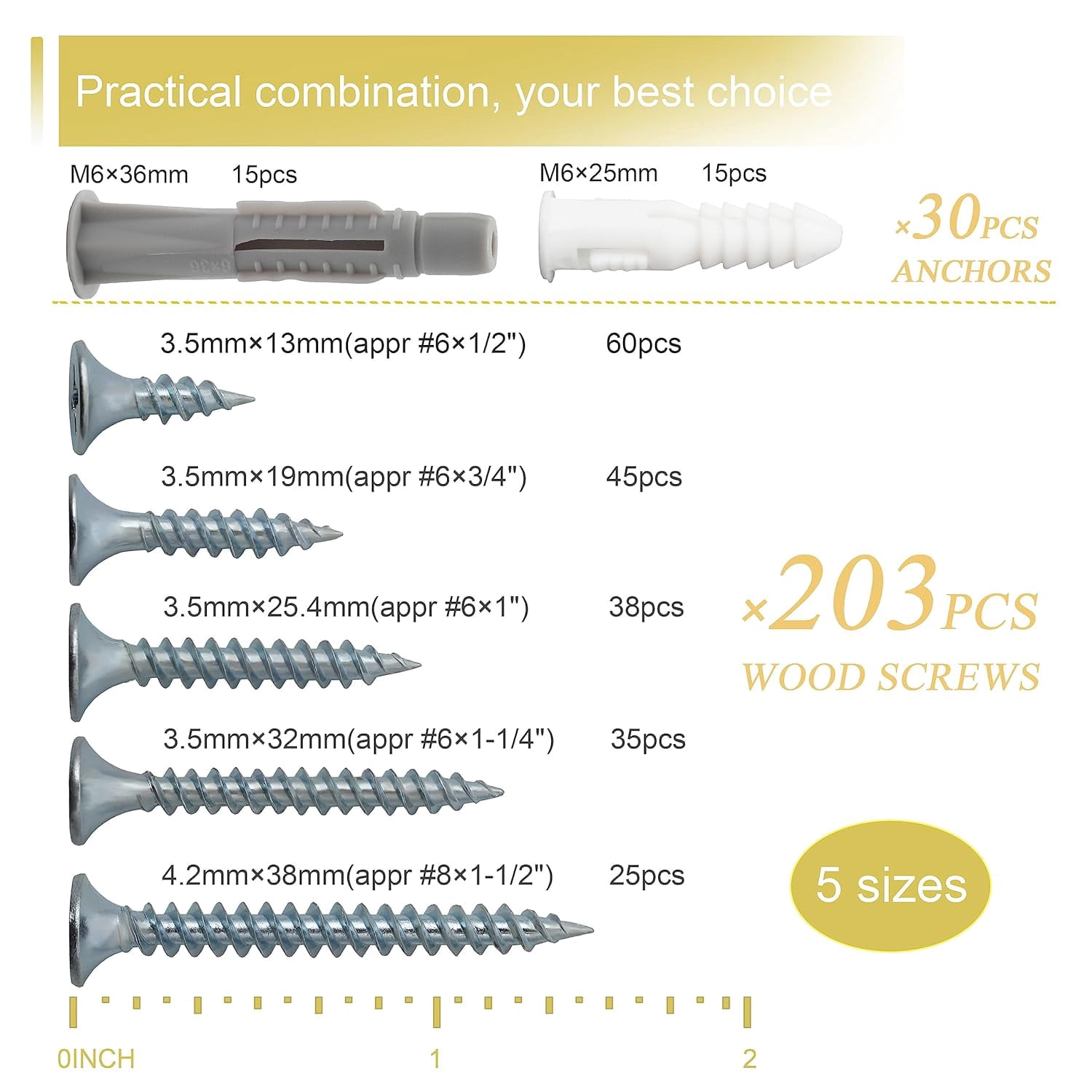 High Hardness Wood s Assortment Kit and Plastic Wall Anchors, 203 pcs 1/2" to 1-1/2" Phillips Drive Flat Head s & 30 pcs M6 Drywall Anchors
