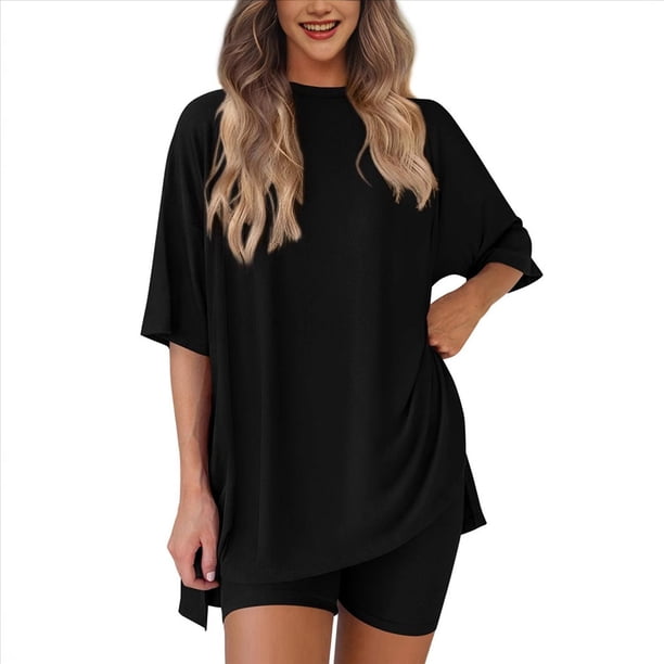 Conjunto de Dos Piezas para Mujer, Verano 2025, Informal, de Talla Grande, con Pantalones Cortos de Motociclista, Negro, XXL