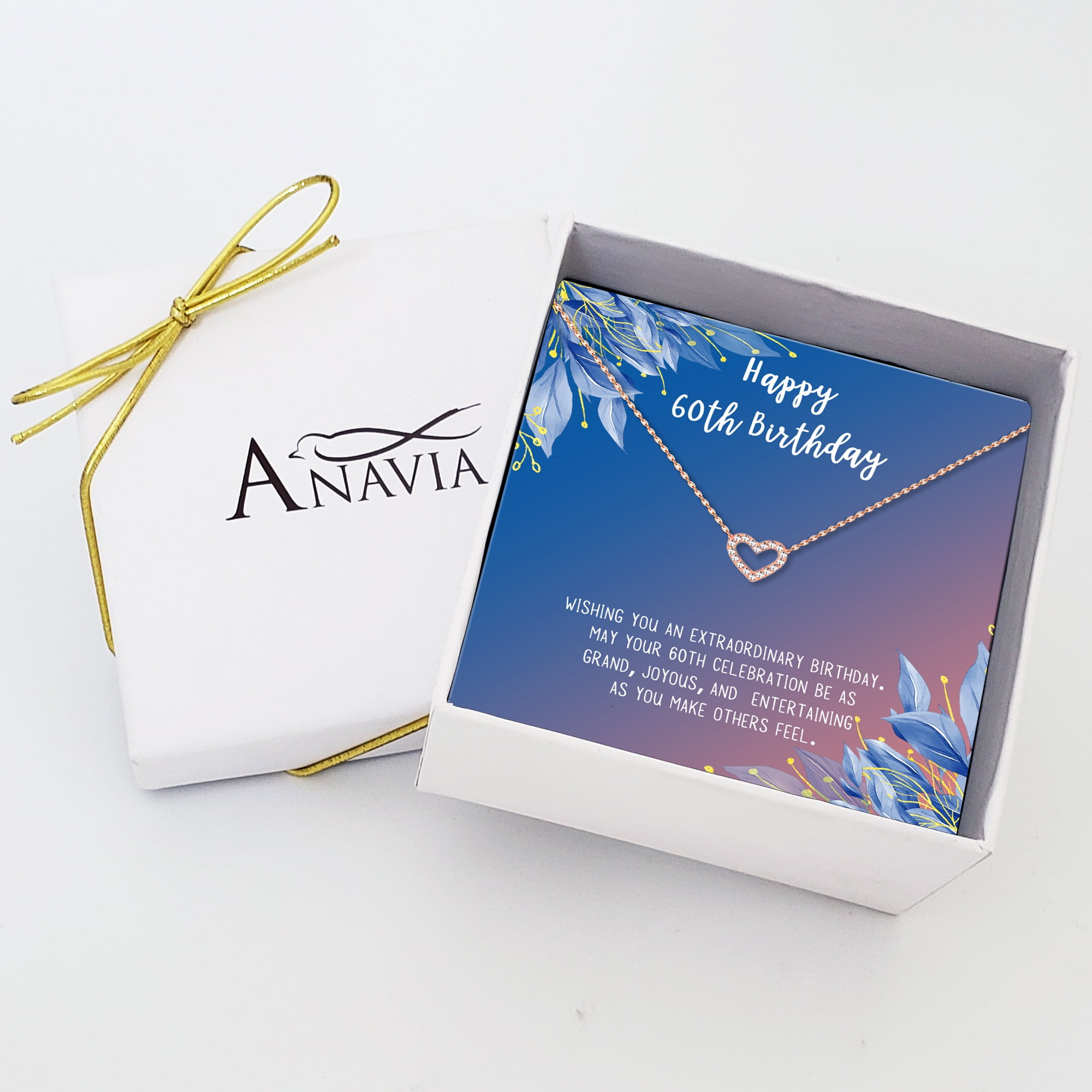 Anavia Happy 60st Birthday Gifts Stainless Steel Fashion Necklace Birthday Card Jewelry Gift for Her, Birthday Gift for Grandma-[Rose Gold Mini Crystal Heart, Blue-Orange Gift Card]