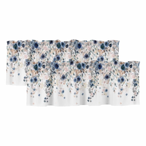 2 Panels Navy Blue Flowers Valance for Windows, Spring Floral Elegant Pastoral Watercolor Light Filtering Kitchen Curtains, Rod Pocket Window Treatment Curtain Valances for Living Room, 54"x18"
