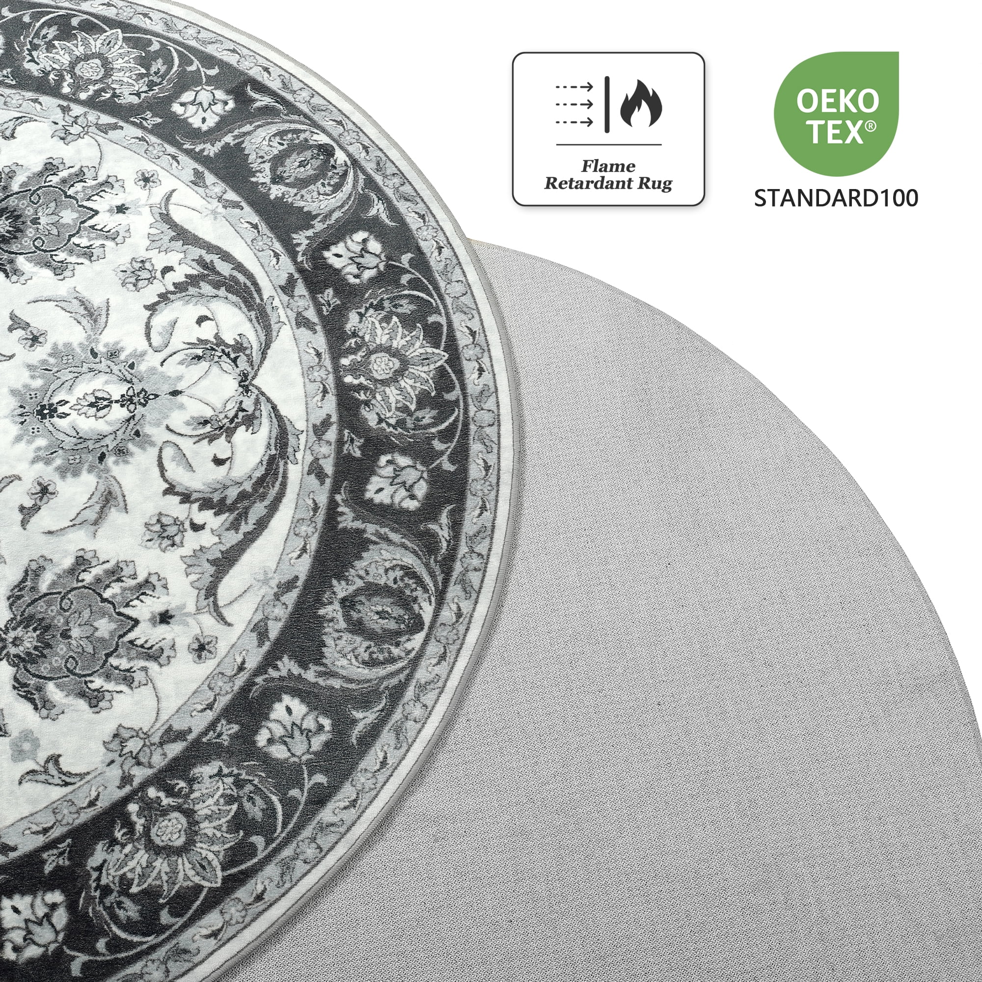 Cydiria Gray Round Persian Medallion Area Rug Floral Pattern Print Low-Pile Carpet for Living Room, 6' x 6'