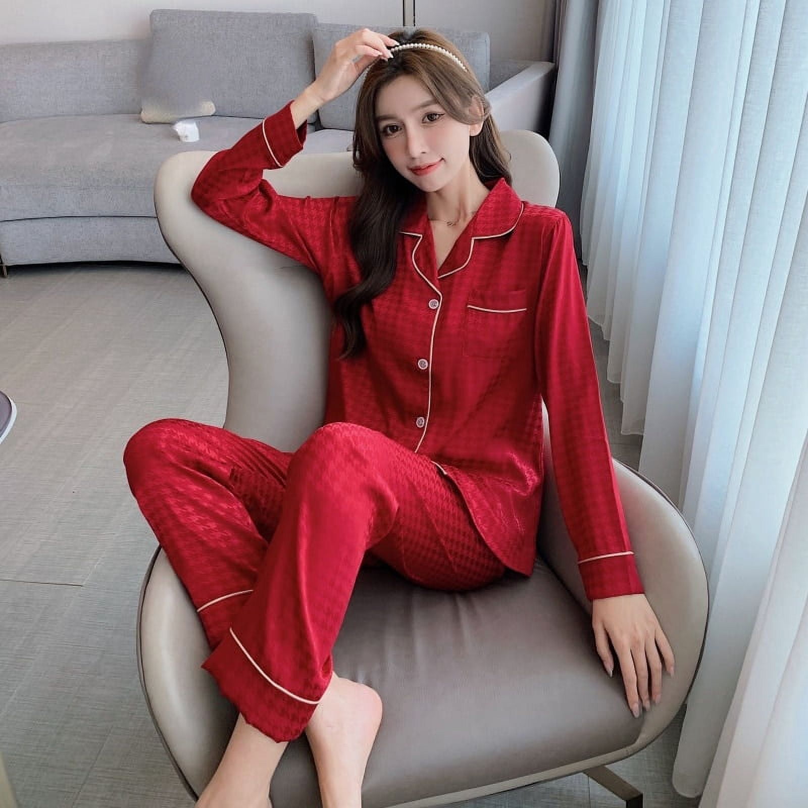 DanceeMangoo Long Sleeve Silk Pajamas Spring Autumn Satin Women Pajama  Solid Color Plaid Sleepwear Pyjamas 4XL 5XL Nightwear 