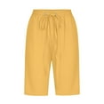 thumbnail image 4 of Lovskoo Cotton Linen Shorts for Women Knee Length Bermuda Shorts Trendy Casual Solid Color Waist Elastic Loose Straight Wide Leg Half Shorts with Pocket Yellow, 4 of 6