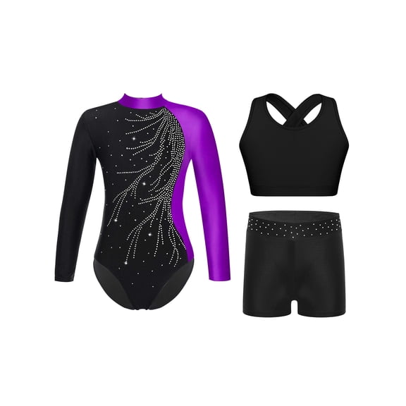 Doomiva 3 Pieces Gymnastics Leotards for Girls Sparkly Ballet Dance Unitards Biketards Tumbling Shorts Activewear Purple 16