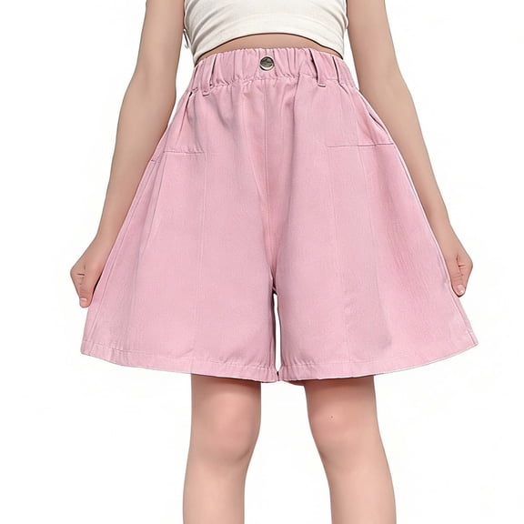 Girls Bermuda Shorts Elastic Waist Wide Leg Shorts Summer Lightweight Loose Fit Shorts with Pockets for 5-15 Years