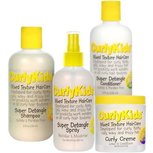 CurlyKids Textured Hair Care Set with Hair Detangler Spray, Kids Shampoo, Conditioner & Creme for Curly, Frizzy, & Wavy Hair | Sulfate & Paraben-Free Formula to Detangle, Hydrate,