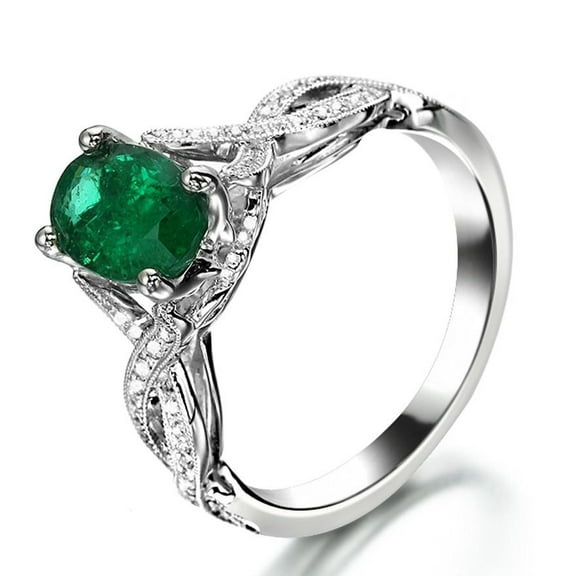 Infinity Design 2 Carat Green Emerald 8x6mm Oval Cut And Moissanite Diamond Curved Engagement Ring in 10k White Gold