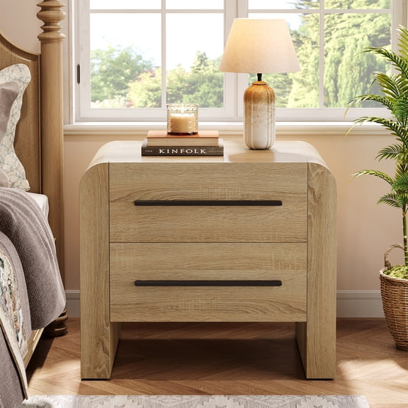 Tribesigns Modern Nightstand with 2 Drawers, Curved Night Stand with Storage for Bedroom, 27.55" Bedside Table with Mental Handles, Natural