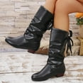 thumbnail image 3 of Wide Calf Riding Boots for Women Lace up Splice Slouchy Leather Low Stacked Heel Round Toe Pull on Winter Fall Mid Calf Booties, 3 of 7