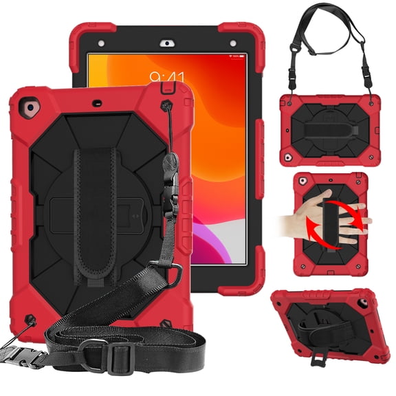 Case for iPad 10.2 Inch 2021/2020/2019, Rugged Shockproof Case with Crossbody Strap & Pencil Holder [360° Rotating Hand Strap] & Stand, Case for iPad 9th/8th/7th Generation, Red Black